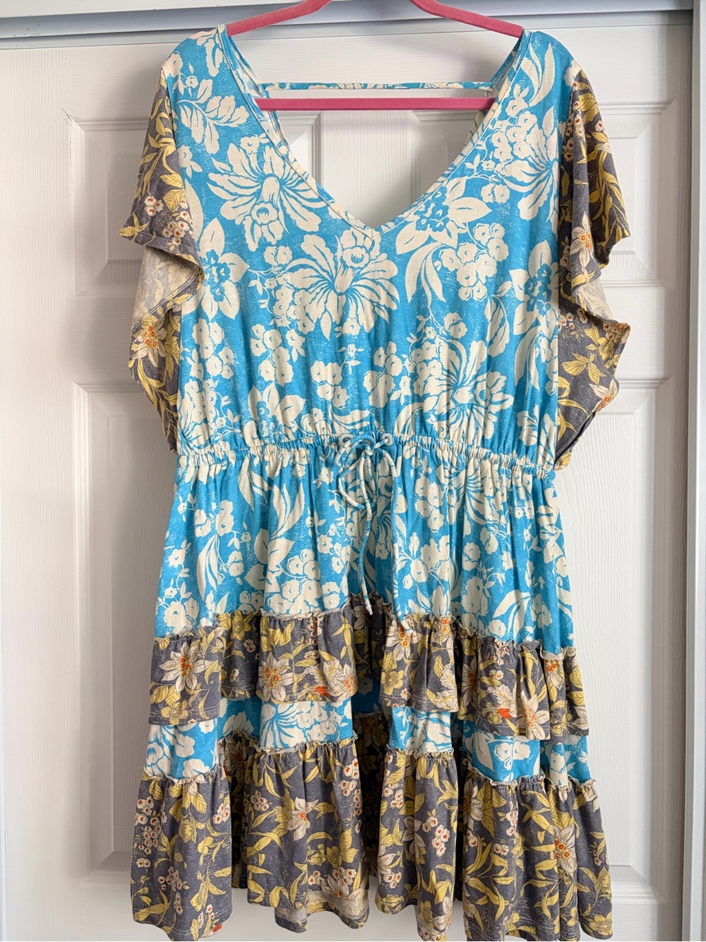 Anthro Blue Floral Tiered V-Neck Dress